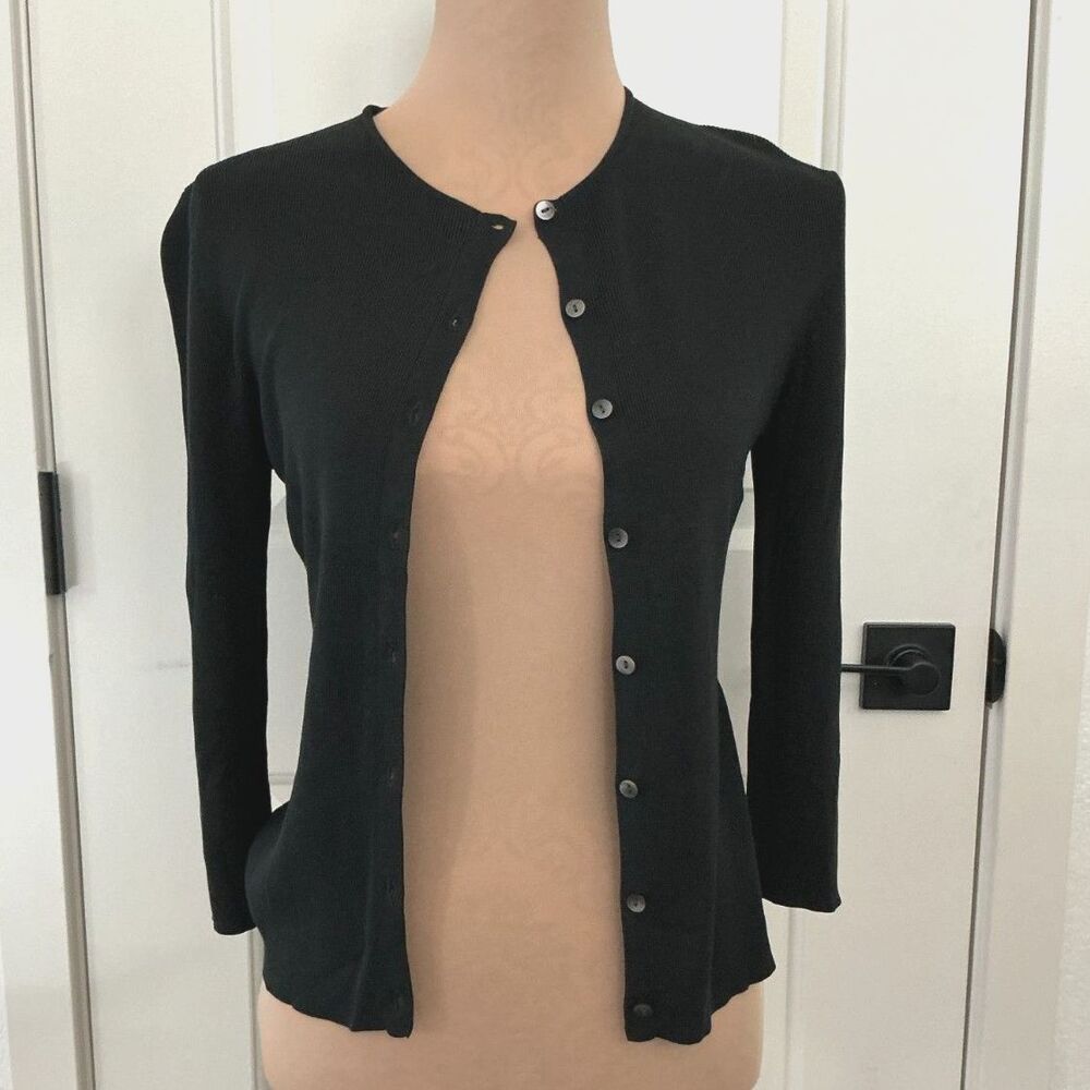Ann Taylor LOFT Women’s S Black 100% Silk Longline Preppy 3/4 Sleeve Cardigan